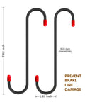 2 Pack Brake Caliper Hanger Hooks with Red Rubber Tips, dimensions and protective features shown.