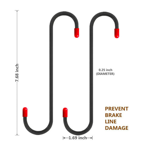 2 Pack Brake Caliper Hanger Hooks with Red Rubber Tips, dimensions and protective features shown.