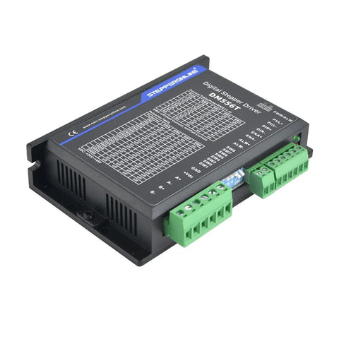 StepperOnline DM556T digital stepper driver in a black enclosure with green terminal block connectors.