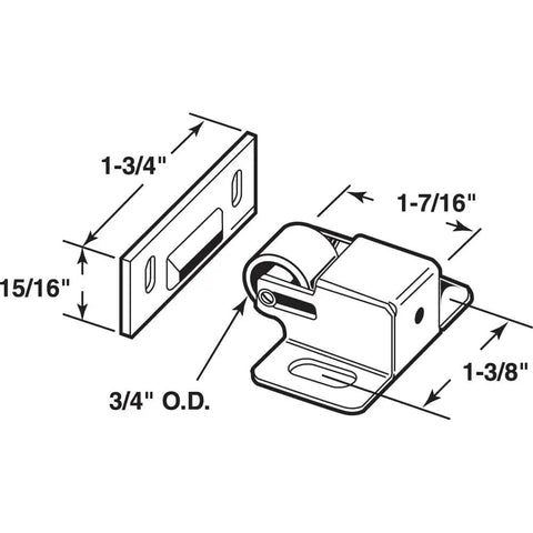 Illustration of Cabinet Door Roller Catch With Satin Nickel Steel Housing And Strike Plate Three Quarter Inch Plastic Roller, dimensions labeled.