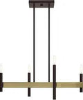 4 Light Bronze Linear Chandelier With Antique Brass Accents, Exposed Socket Modern Dope Mid Mod Vibe, Transitional Living Room Lighting, Bulbs Not Included