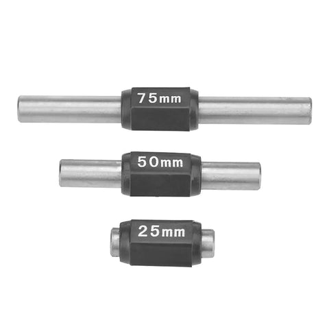 Industrial Calibration Rod For Calipers And Micrometers, 75mm, 50mm, 25mm Metal Outside Micrometer Standard Block shown in three sizes.