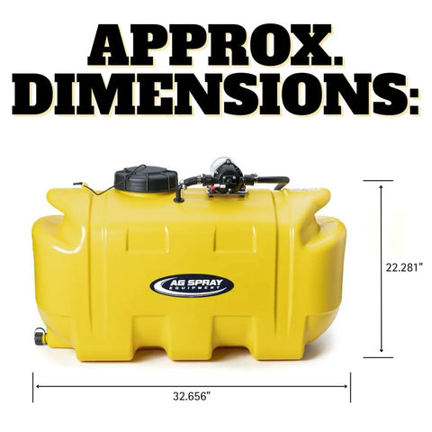 25 Gallon ATV UTV Spot Sprayer With 2.2 GPM 12V Diaphragm Pump, yellow UV resistant poly tank, dimensions shown