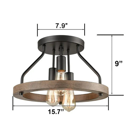 Farmhouse Flush Mount Ceiling Light With Metal And Wood Open Frame, E26 LED Compatible, 3 Light Fixture, 15.7 Inch Diameter, Perfect For Bedroom, Living Room, And Hallway, ETL Listed For Dry Locations