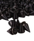 Premium Rugged Top Shelf Badass Black Screwback Cone Spike Studs For Leather Boots And Workwear And 200 Set Heavy Duty Zinc Alloy Hardware, black spikes displayed.