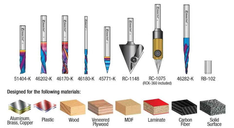 Heavy Hitter 10 Piece Signmaking CNC Router Bit Collection IV, showcasing various bits for smooth wood cutting and engraving.