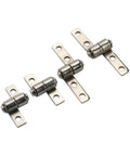 360-degree torque axis free-stop hinges, front view; four small metal hinges with mounting plates.