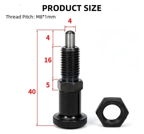Hassle Free Push Fit Ball Nose Spring Plunger Featuring M8x1 Heavy Duty Steel Build with threaded dimensions shown in image.