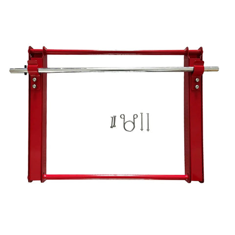 Red stainless steel Foldable Cable Reel Drum Roller Holder And Spool Dispenser with mounting accessories underneath view.