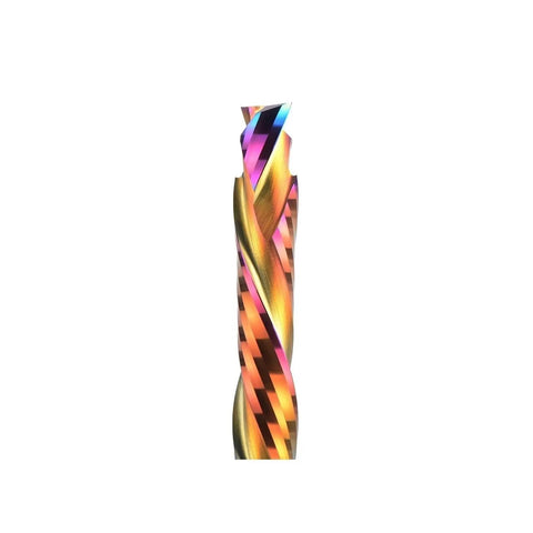 Tough As Nails Two Flute Compression Spiral Router Bit with vibrant coating, designed for CNC wood milling and precise cuts.