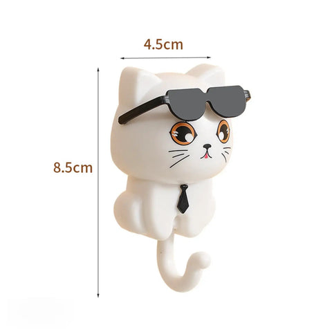 Cool Cat Key Holder With Sunglasses No Drill Adhesive Hooks Four Pack for keys hats coats towels, white cat design with sunglasses