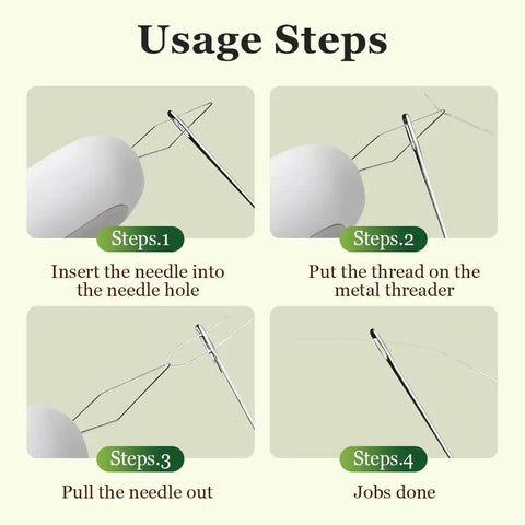 Steps to use 2 In 1 Needle Threader And Seam Ripper showing threading process for sewing enthusiasts and seniors.