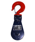 Beefy 15 Ton Snatch Block With Hook And 8 Inch Sheave For Wrecker Towing And Recovery Heavy Duty Pulley For Three Quarters To Seven Eighths Inch Wire Rope Removable Sheave Swivel Hook With Safety Latch Industrial Grade, red hook
