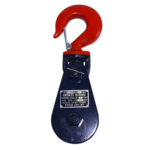 Beefy 15 Ton Snatch Block With Hook And 8 Inch Sheave For Wrecker Towing And Recovery Heavy Duty Pulley For Three Quarters To Seven Eighths Inch Wire Rope Removable Sheave Swivel Hook With Safety Latch Industrial Grade, red hook
