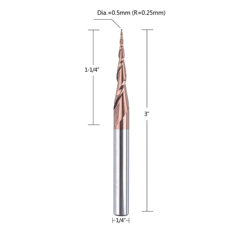 SpeTool 4-piece tapered ball nose end mill set, 0.5 mm tip, 0.25 mm radius, 3 in total length, CNC router bits for wood.