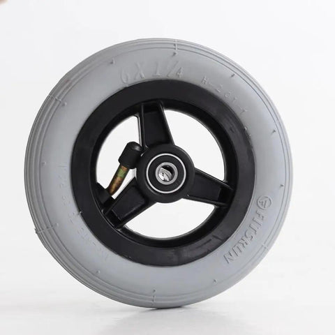 Absolute Game Changer 6 Inch Wheelchair Front Wheel Replacement With Plush Pneumatic Rubber Tires For Manual Chairs featuring a gray pneumatic wheel.