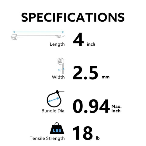 Technical specifications for 4 Inch Multicolor Zip Ties Kit Containing 480 Pcs Assorted Colors For Chicken Leg Marking, Deco Mesh Wreaths.