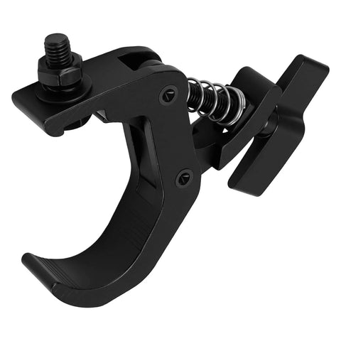 Beefy Heavy Duty Stage Light Truss Clamp For Moving Head Fixtures, Adjustable Aluminum Alloy Clamp, black, side view.
