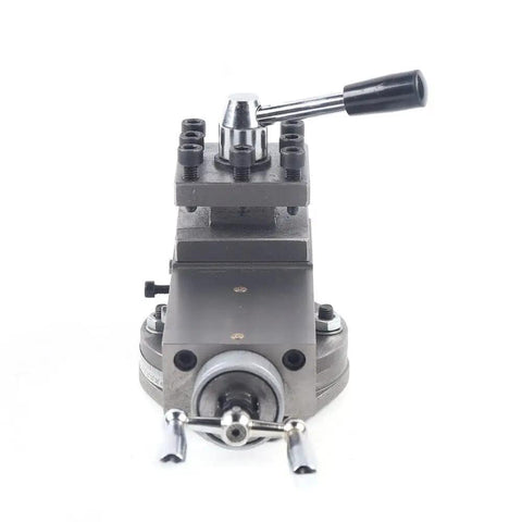 AT300 Quick Change Tool Post Assembly Universal Fit For Mini Lathes Heavy Duty Metalworking Rig front view with lever.