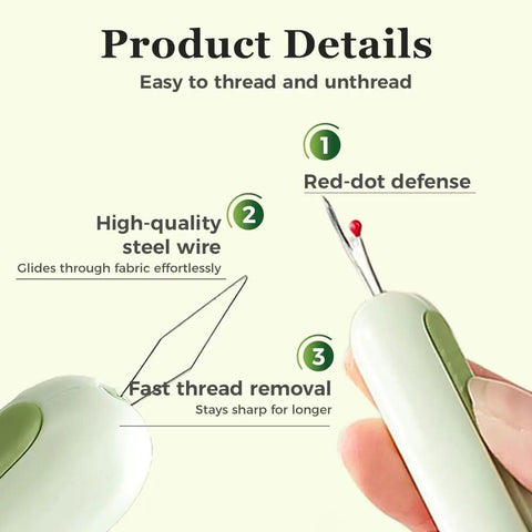 Close-up of 2 In 1 Needle Threader And Seam Ripper For Sewing Enthusiasts, showing steel wire and red-dot defense for easy use.