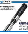 Close-up of ergonomic handle and lock feature on 3/8-Inch Drive Adjustable Micrometer Torque Wrench Pro Grade for Precision Fastening.