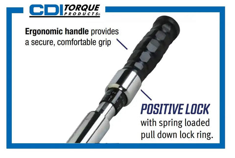 Close-up of ergonomic handle and lock feature on 3/8-Inch Drive Adjustable Micrometer Torque Wrench Pro Grade for Precision Fastening.
