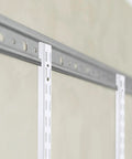 Close-up of a white 12-inch dual track upright wall shelf with notched bracket rail for Four Piece Set Of Twelve Inch Dual Track Upright Wall Shelves With Notched Bracket Rail And Heavy Duty Adjustable Brackets For Quick Rock Solid Wall Mount Storage Setup.