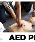 AED Plus with CPR-D pads, carry case and batteries; Amazon brand; CPR training on mannequin