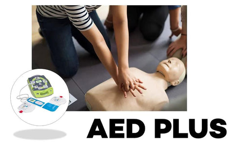 AED Plus with CPR-D pads, carry case and batteries; Amazon brand; CPR training on mannequin