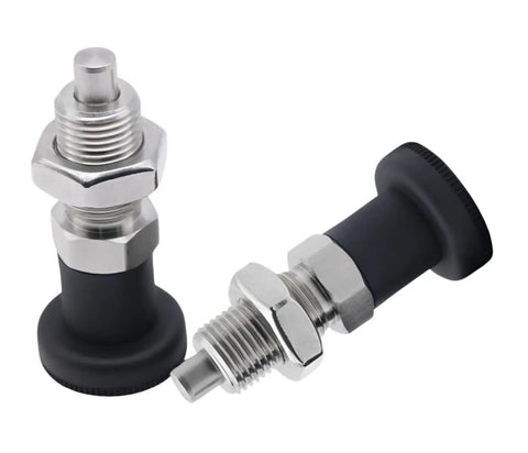 Grip Tight Two Piece M20 Thread Stainless Steel Ball Nose Spring Plunger Pair With Quick Twist Knob and Bully Proof Retracting Pin for Fast Industrial Clamping Setup, detailed view.