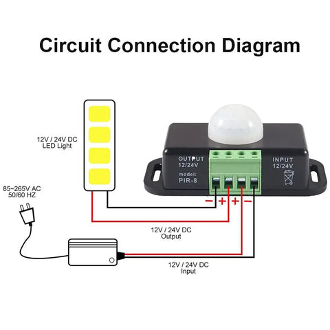 Circuit diagram for 12V 24V PIR Motion Sensor LED Light Switch With 5 To 8 Meter Detection Range, auto wiring with LED light and power supply