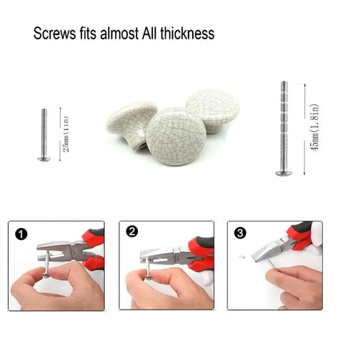 White Ceramic Cracked Cabinet Handles Set of 10 with screws, measurements, and installation tools shown in three steps