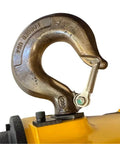 Budgit 1/2 Ton air hoist hook close-up on yellow industrial hoist body