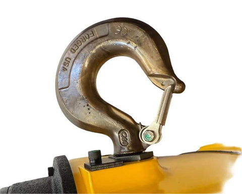 Budgit 1/2 Ton air hoist hook close-up on yellow industrial hoist body