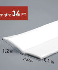 Close-up of 34Ft White Garage Door Seal Kit With Adhesive Backed Rubber Weather Stripping showing dimensions and thickness.