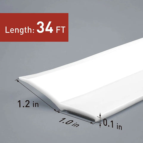 Close-up of 34Ft White Garage Door Seal Kit With Adhesive Backed Rubber Weather Stripping showing dimensions and thickness.