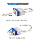 Six Pack Laminated Steel Keyed Padlocks With Long Shackle For Hasps Latches Sheds Fences Storage Lockers Schools And Gyms Use The Same Key For Easy Access, key inserted and rotated