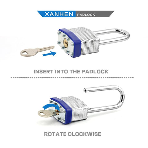 Six Pack Laminated Steel Keyed Padlocks With Long Shackle For Hasps Latches Sheds Fences Storage Lockers Schools And Gyms Use The Same Key For Easy Access, key inserted and rotated
