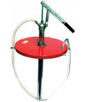 Professional Top Shelf Hand Crank Gear Lube Drum Pump For 16 Gallon Open Head Drums With 5 Foot Steel Hose Assembly on a red base.