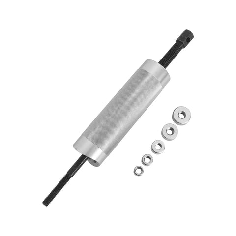 Heavy Duty Piston Pin Puller For Small Engine Rebuilds With Five Metric Adapters showing an aluminum tool with attachments.