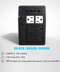 Back view of 850VA 480W UPS Battery Backup And Surge Protector With LCD Display And AVR Regulation, showing 6 outlets.