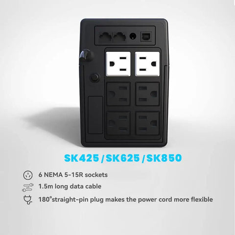 Back view of 850VA 480W UPS Battery Backup And Surge Protector With LCD Display And AVR Regulation, showing 6 outlets.