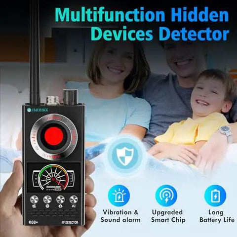 Hidden Camera Detector And Bug Detector With Magnetic Tracker And Wireless Signal Finder in hand, family in background