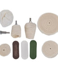 Hardcore 10 Piece Cotton Flannel Buffing Wheel Kit Includes Heavy Duty Wax Rod To Score That Slick Mirror Shine On Marble Glass And Stainless Steel Without The Hassle, showing assorted buffing wheels and wax sticks.
