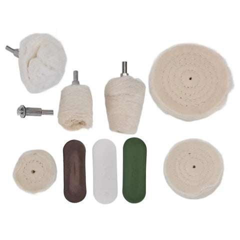 Hardcore 10 Piece Cotton Flannel Buffing Wheel Kit Includes Heavy Duty Wax Rod To Score That Slick Mirror Shine On Marble Glass And Stainless Steel Without The Hassle, showing assorted buffing wheels and wax sticks.
