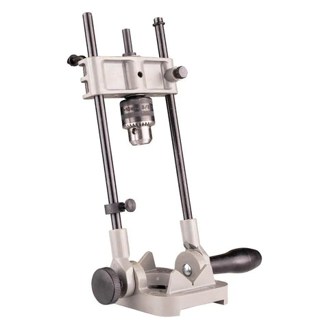 DIY Friendly Portable Precision Drill Guide for 3/8 and 1/2 Inch Drills with Built In Protractor, adjustable tool on stand.