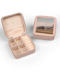 Pink Jewelry Travel Case With Plush Interior Cushioned Lining Ultra Compact 4 X 4 X 2 Inch Size open showing compartments