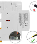 Side view of AC Contactor 63A 2 Pole Workhorse with safety warnings and installation tips, ideal for motor control and pumps.