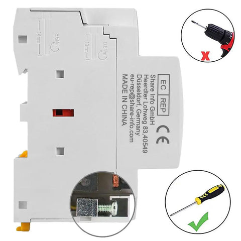 Side view of AC Contactor 63A 2 Pole Workhorse with safety warnings and installation tips, ideal for motor control and pumps.