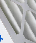 Close-up of 20x25x4 pleated air filter with MERV 13, showing filter material and frame, actual size 19.5 x 24.5 x 3.63
